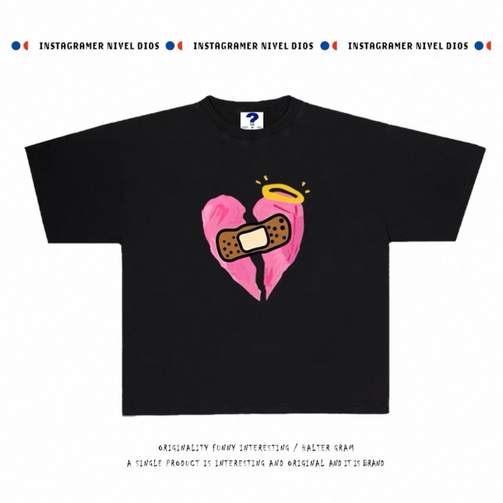 Black Graphic Tee with Pink Heart Design